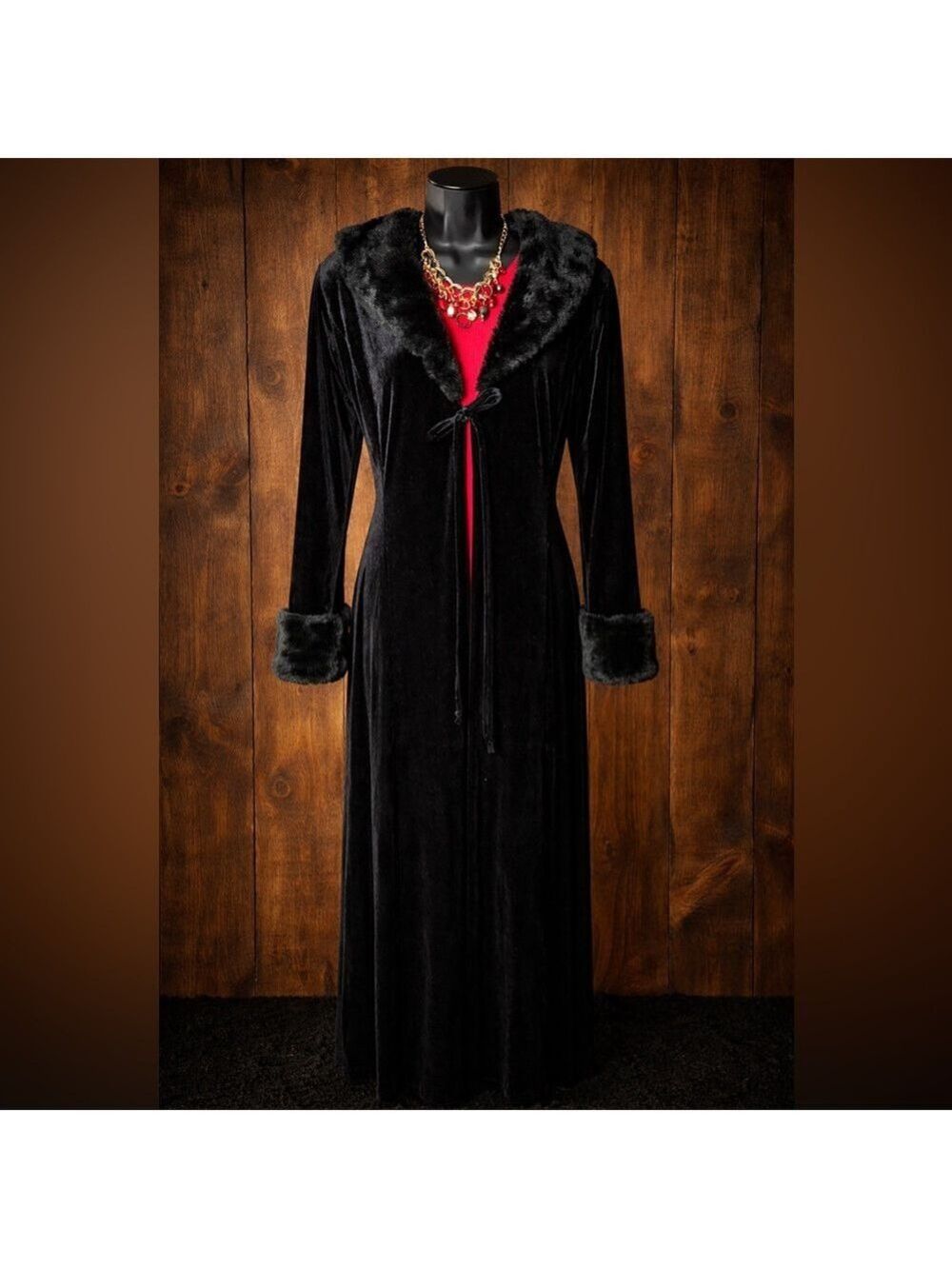 Black Velour Duster Robe Faux Fur Trim Gothic Witchy Maxi Evening Coat Size M